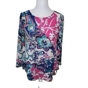 Chico’s Floral & Geometric Flowy Blouse Multicolor Semi Sheer Women's Size S
